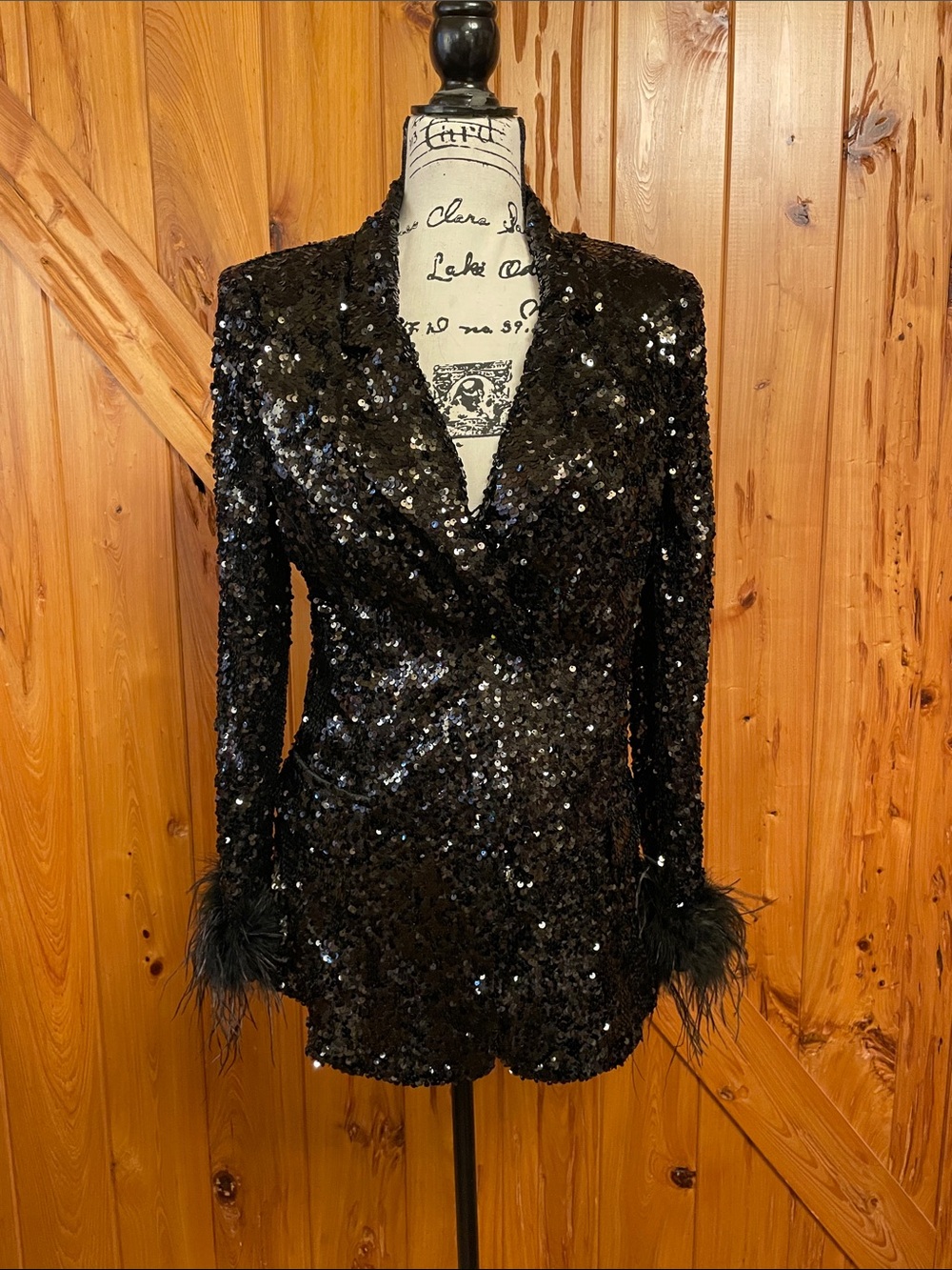 Fashion Nova Black Sequin Blazer with Feather Trim Cuffs